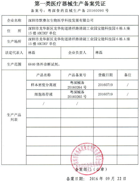 默赛尔生物成功获得细胞冻存液和分离液的I类医疗器械产品生产许可